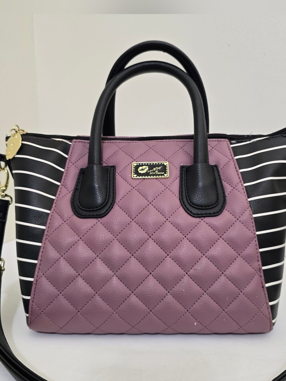 BETSEY JOHNSON luv betsey Quilted Striped Tote Crossbody Purse Bag Purple Black - Picture 2 of 16